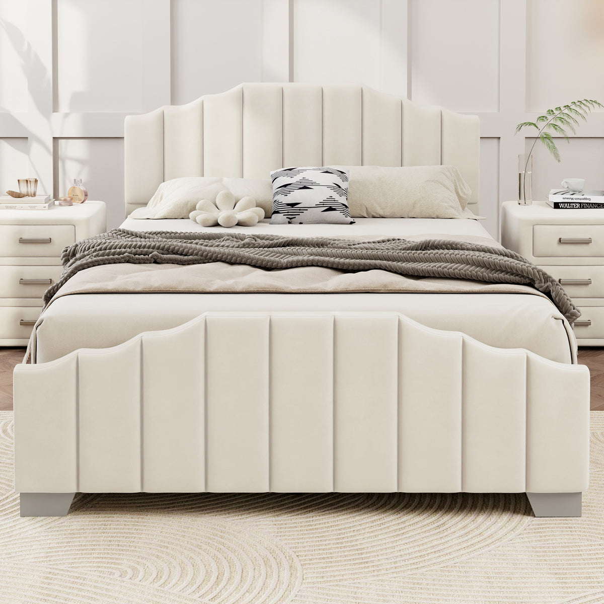 Full Size Velvet Upholstered Platform Bed Vertical Channel Tufted Headboard and Footboard, No Box Spring Needed, Beige