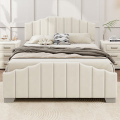 Full Size Velvet Upholstered Platform Bed Vertical Channel Tufted Headboard and Footboard, No Box Spring Needed, Beige