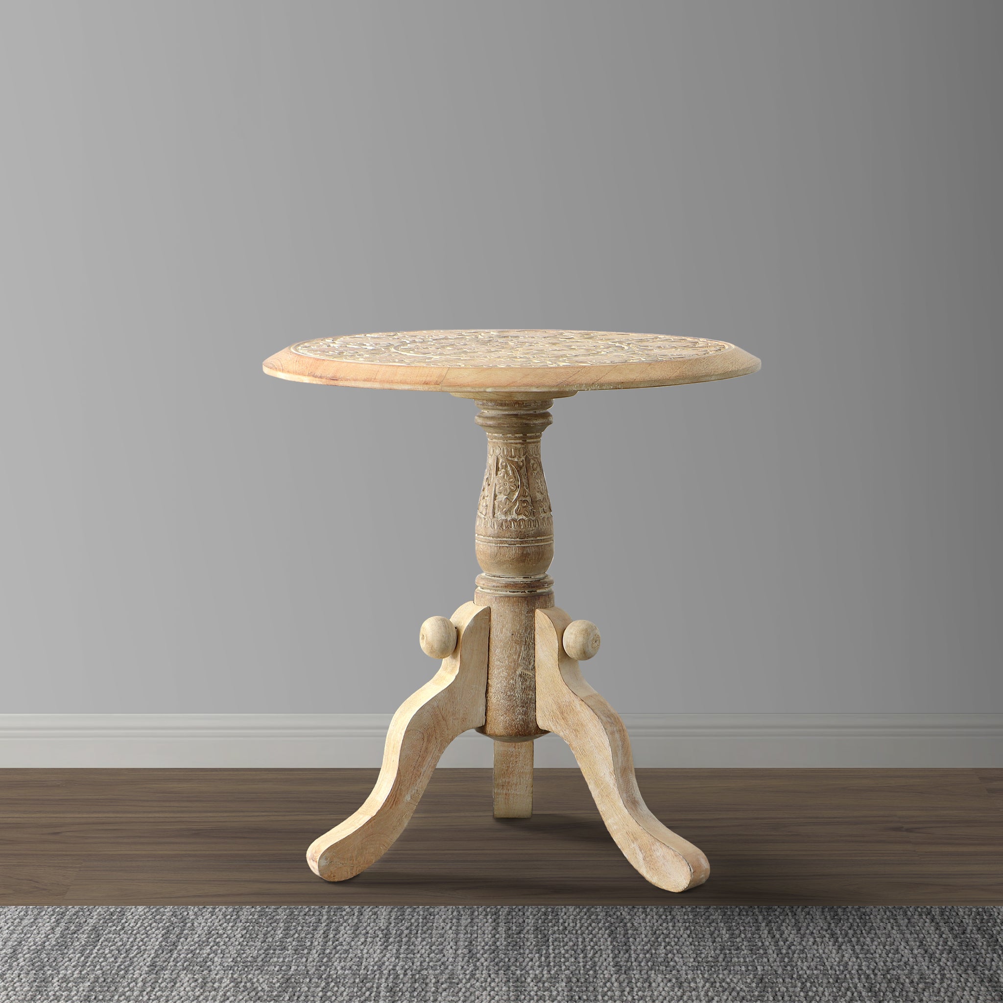 French Style Intricately Carved Round Top Mango Wood Side End Table with Pedestal Base - Natural and White