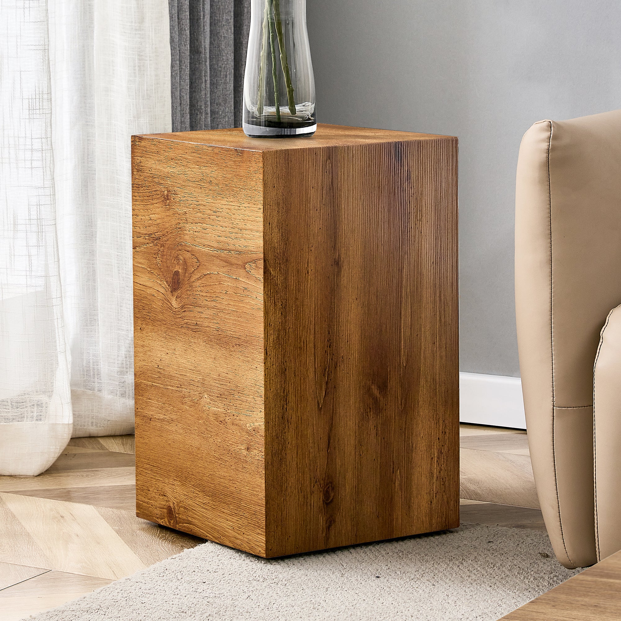 Rustic Minimalist Cube Side Table - Wood