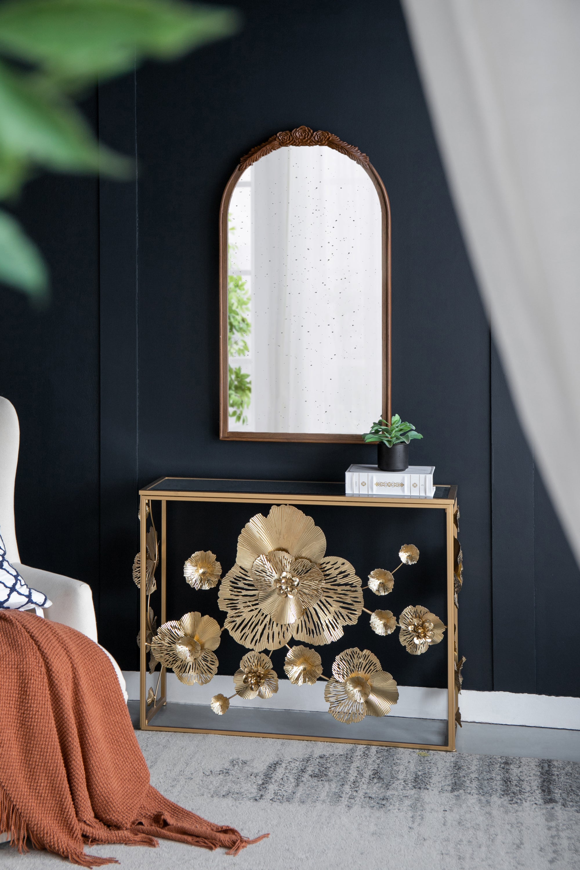 Gold Console Table with Mirrored Glass Top 39.5"x12"x30.5"