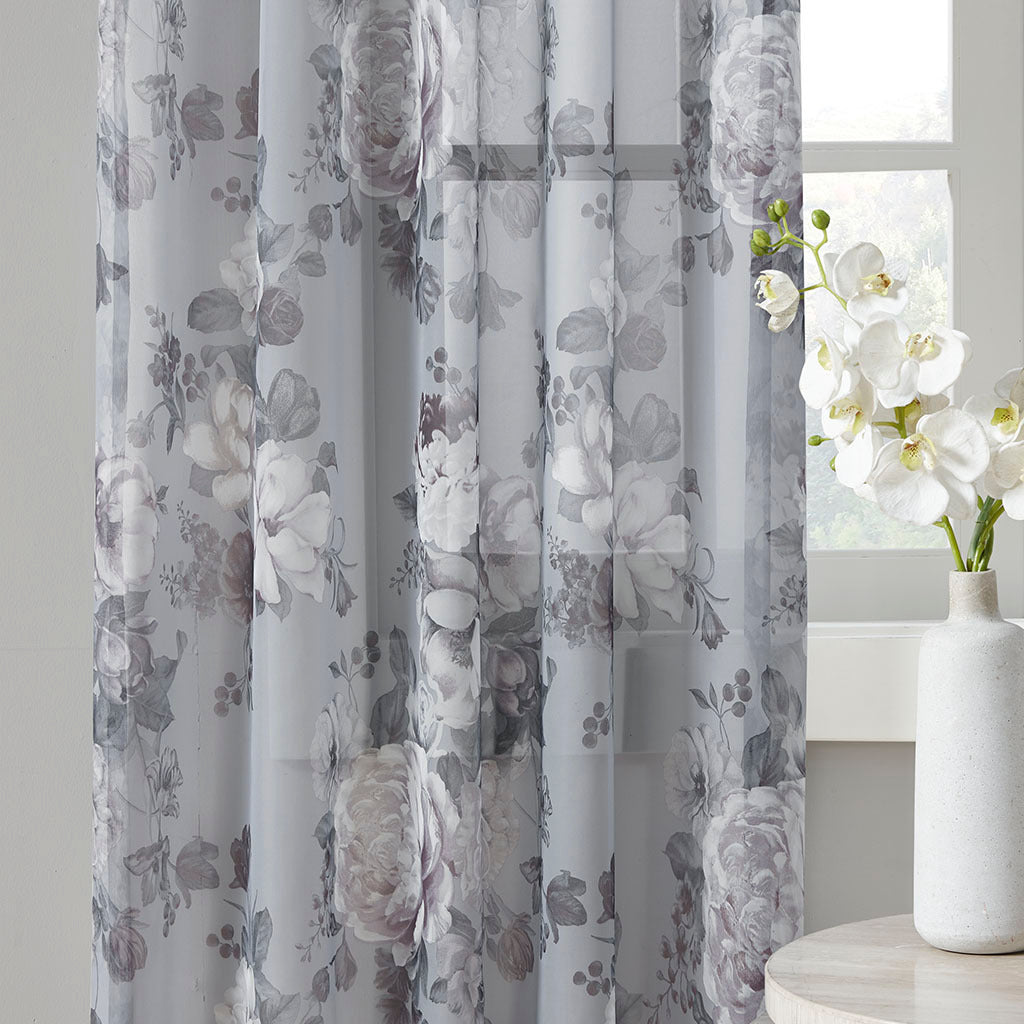 Printed Floral Rod Pocket and Back Tab Voile Sheer Curtain - Grey