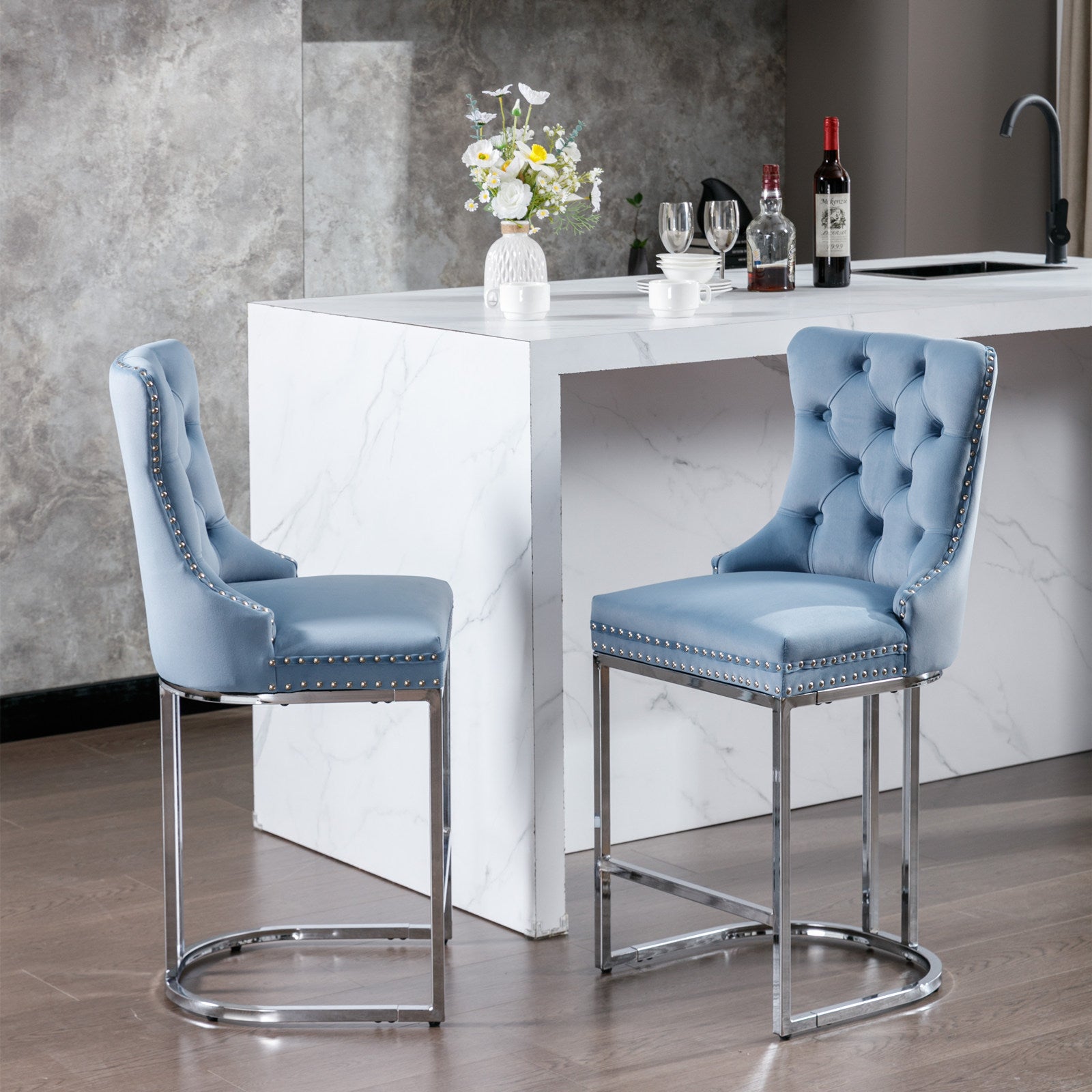 Modern Velvet Barstools  26" Counter Height Bar Stools (Set of 2) - Light Blue