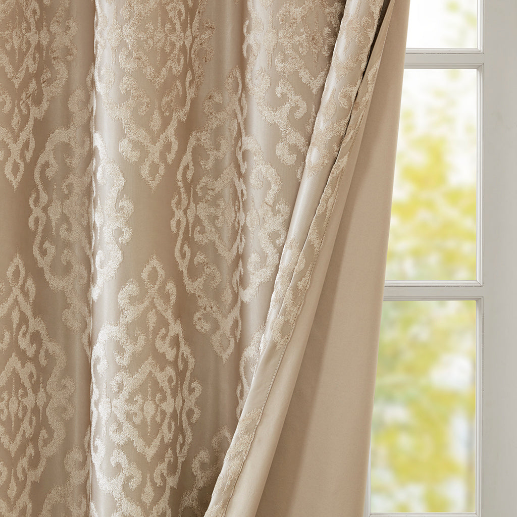 2-PK 50x84" Knitted Jacquard Damask Total Blackout Grommet Top Curtain Panel Pair - Champagne