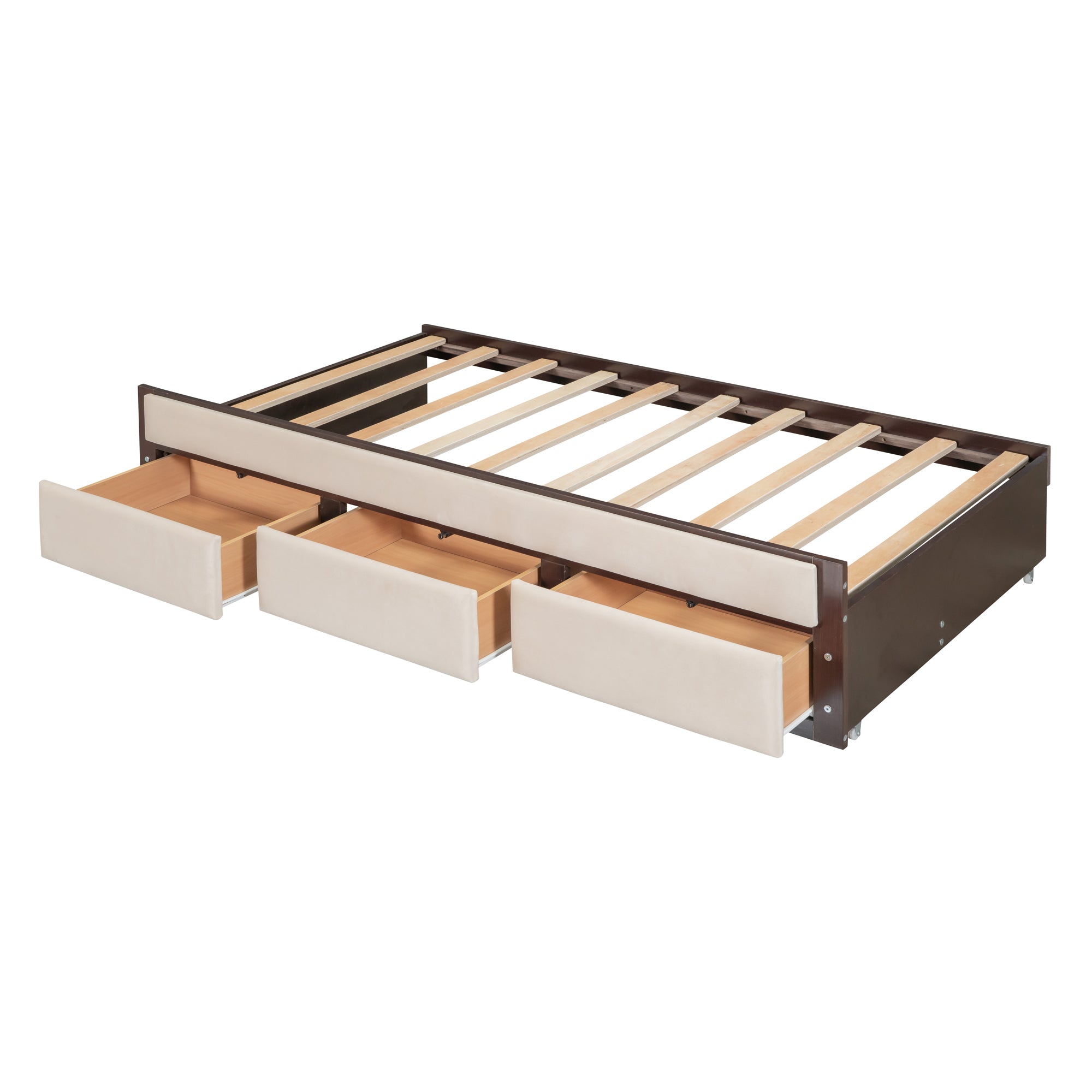 Full Size Upholstered  Canopy Bed with Trundle and 3 Drawers - Beige