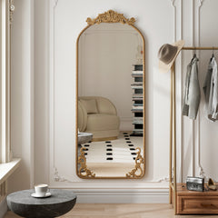 58'x24' Arched Full Body Mirror with Vintage Ornate Carved Applique on Top and Bottom, Hanging Wall Mounted Mirror, for Living Room Bedroom Retro Home Decor Mirror, Bronze