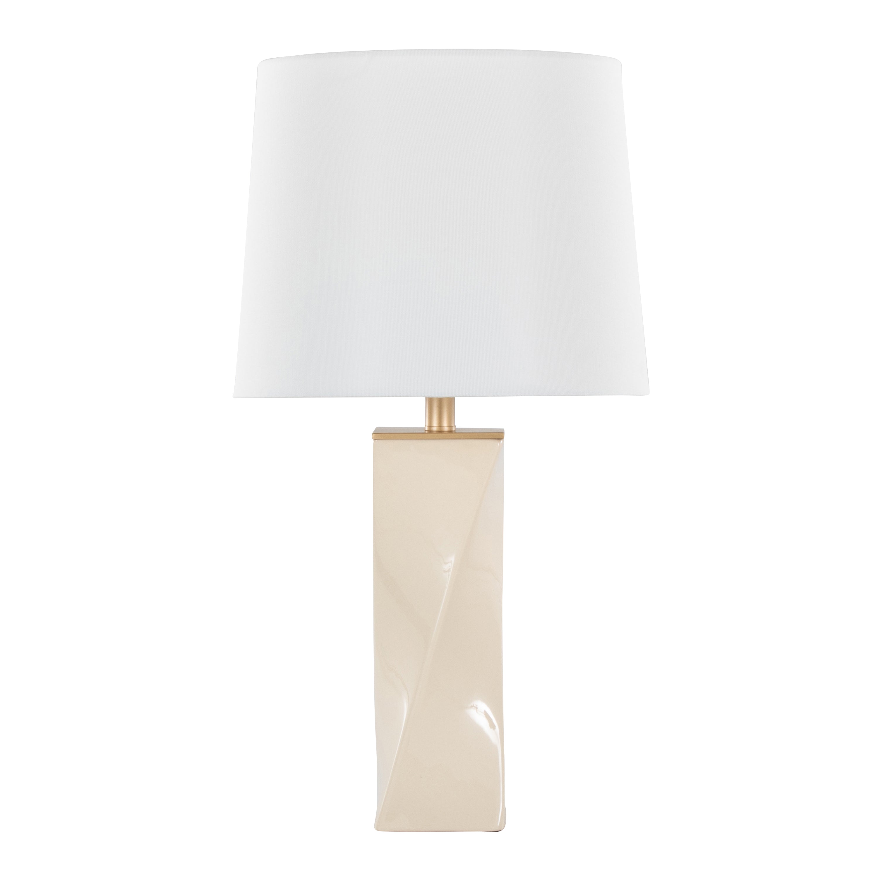 Contemporary 27" Table Lamp in Cream Ceramic, Gold Metal, and White Linen