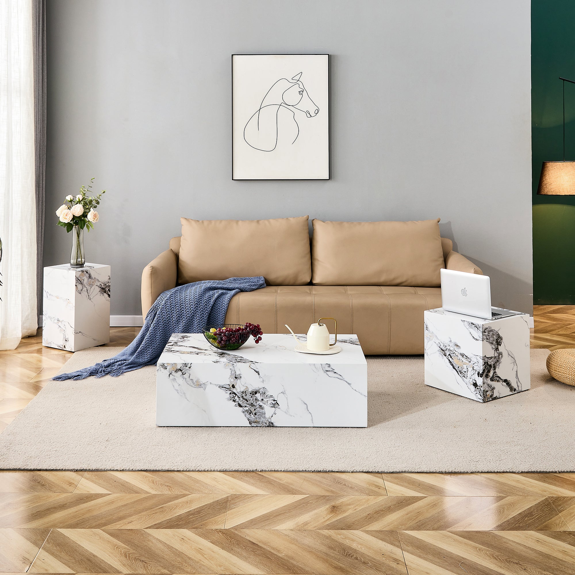 Modern Coffee Table with Marble Pattern - White