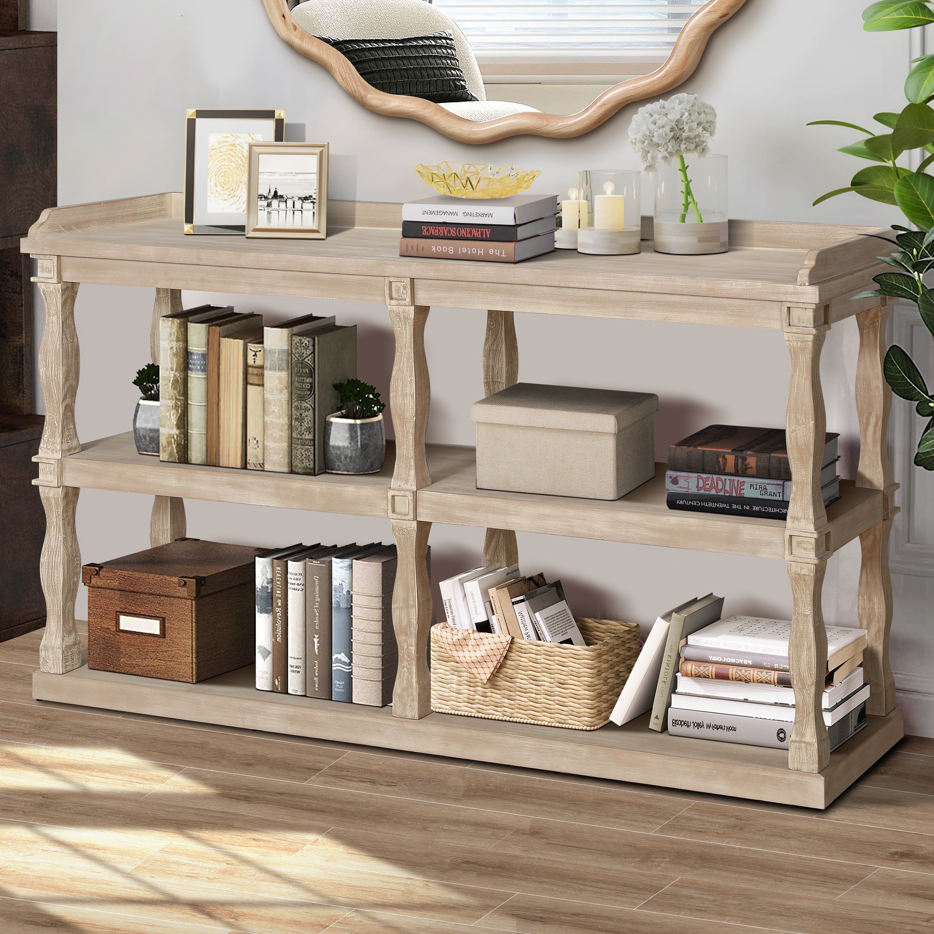 Console Table with 3-Tier Open Storage Spaces And Roman Column Effect Support Legs - Antique Wood+White