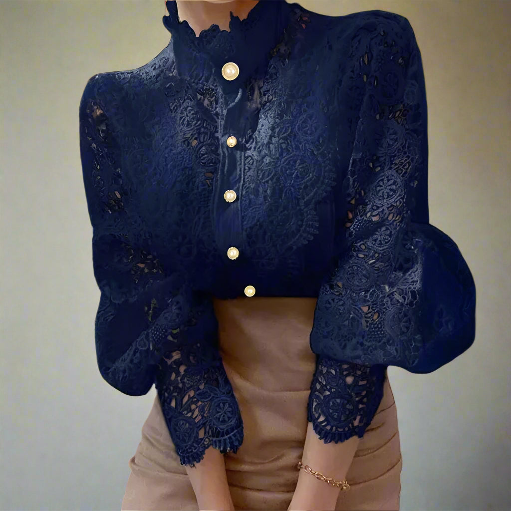 Elegant Women's Vintage Pearl Button Lace Blouse - Puff Sleeve Semi-Sheer Ruffled Stand Collar Shirt