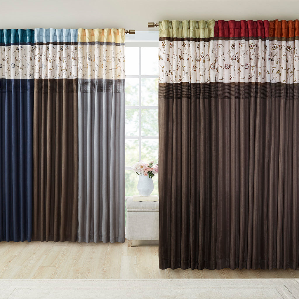 Embroidered Curtain Panel - Blue/ Brown
