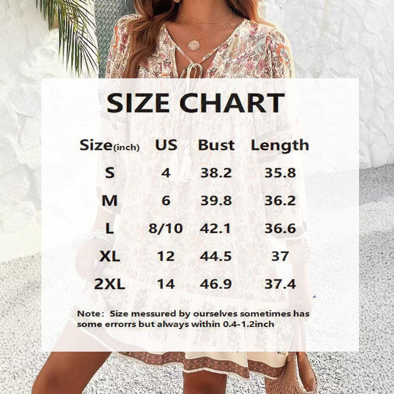 Women's Floral Print Mini Dress, V-Neck with Tassel Tie, Long Sleeve, Boho Summer Style