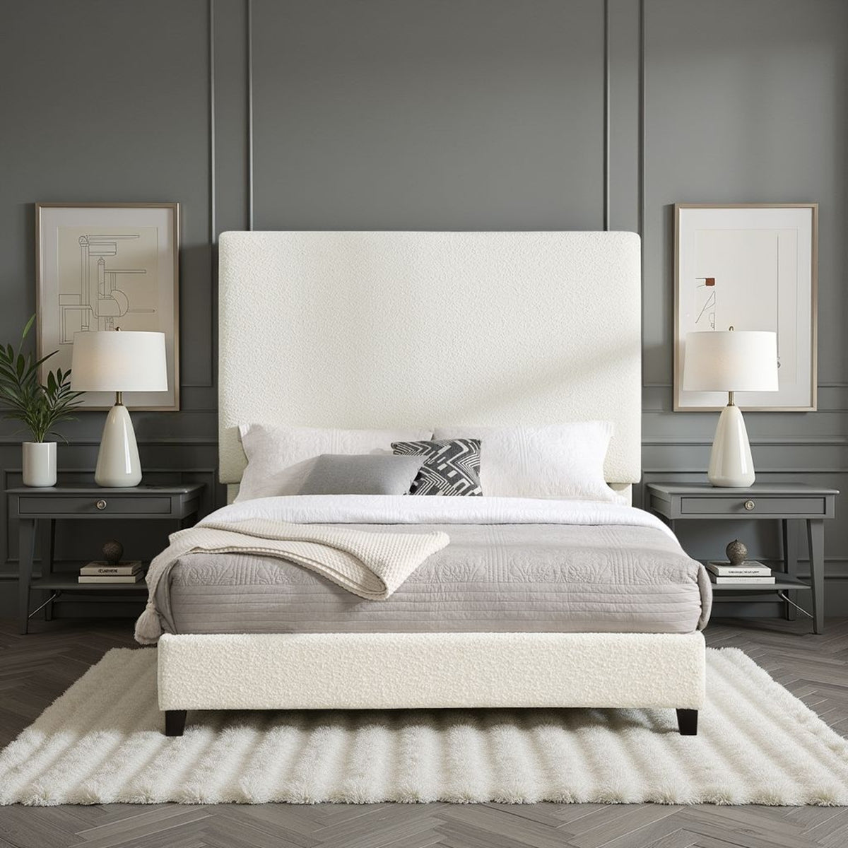 Queen Size White Boucle Upholstered Platform Bed
