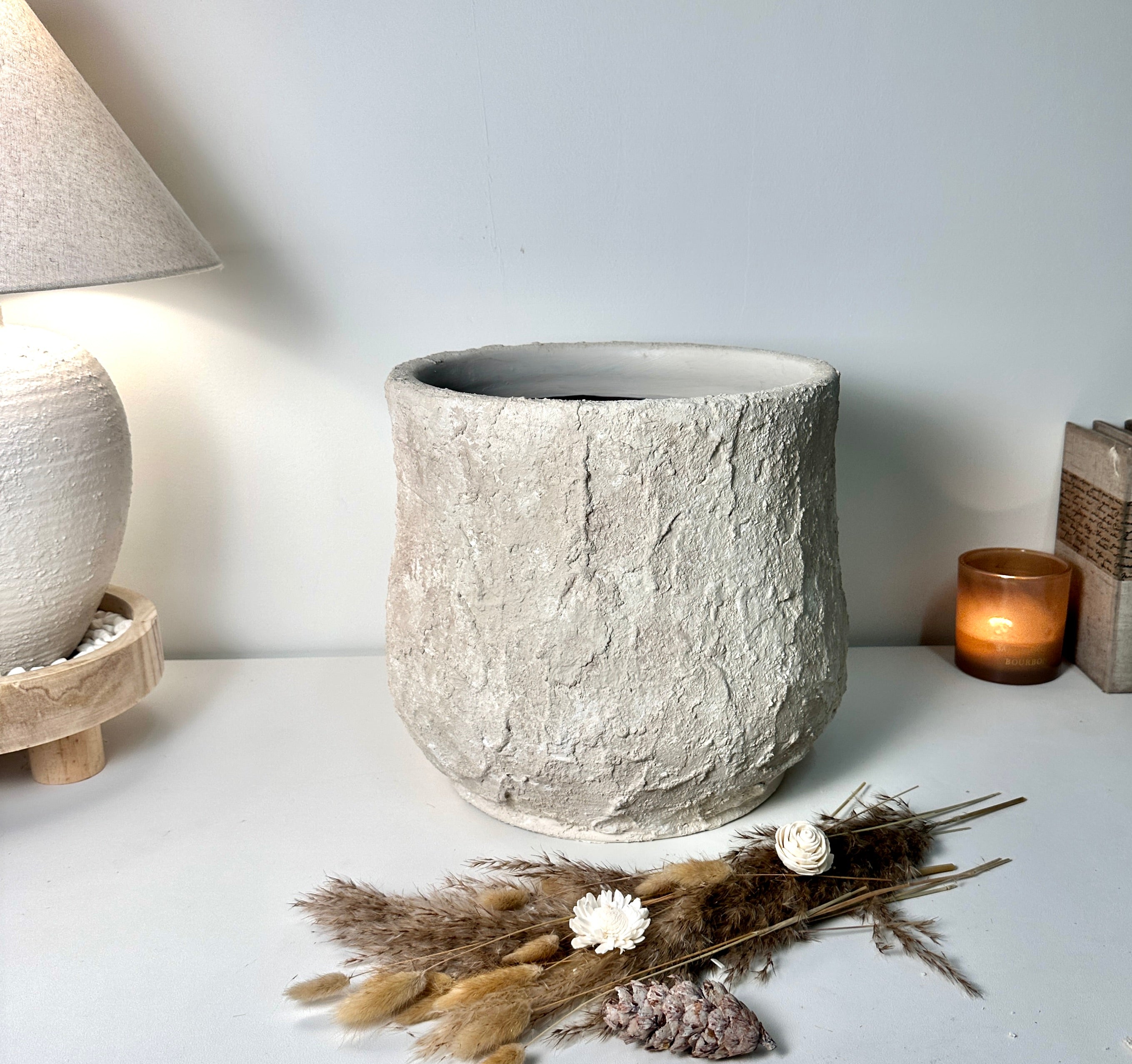 Minimalist Hand-Painted & Textured Planter Pot 12" tall with drainage hole one time creation - Cream Linen wash