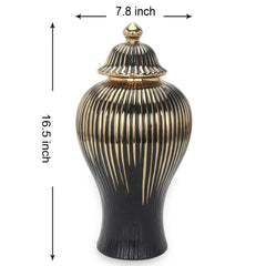 16.50"H Black with Gold Design Ceramic Decorative Ginger Jar Vase
