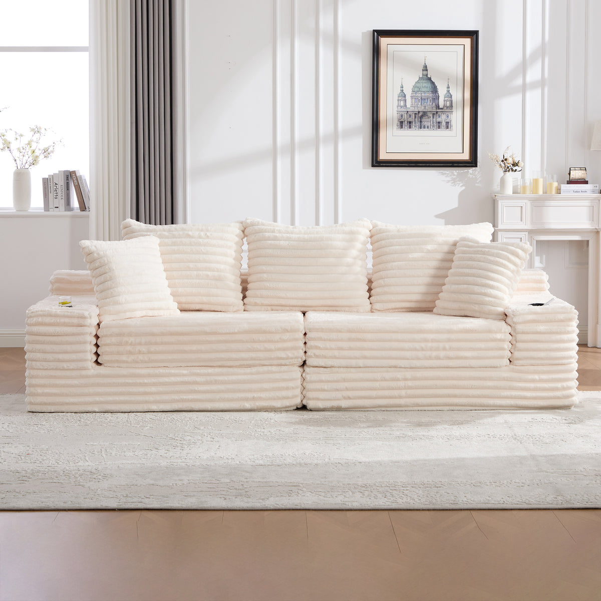 Oversized Boneless Four Seats Sofa with Cup Holder and Side Pockets, Upholstered Corduroy Sofa Bed Cloud Couch with 3 Pillows, 2 Lumbar Pillows.Living Room, Bedroom,No Assembly ,Breathable material