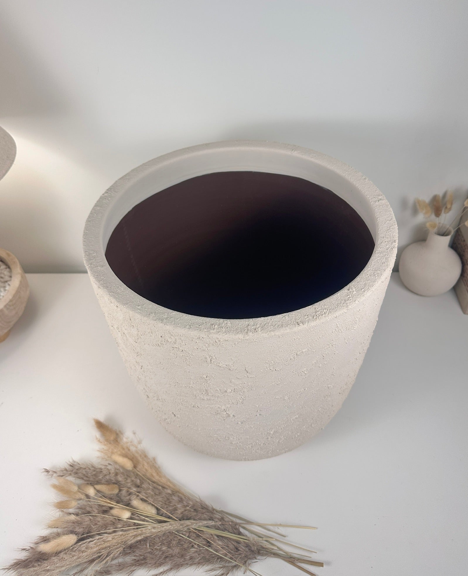 Minimalist Hand-Painted & Textured Planter Pot 14" tall with drainage hole one time creation - Cream