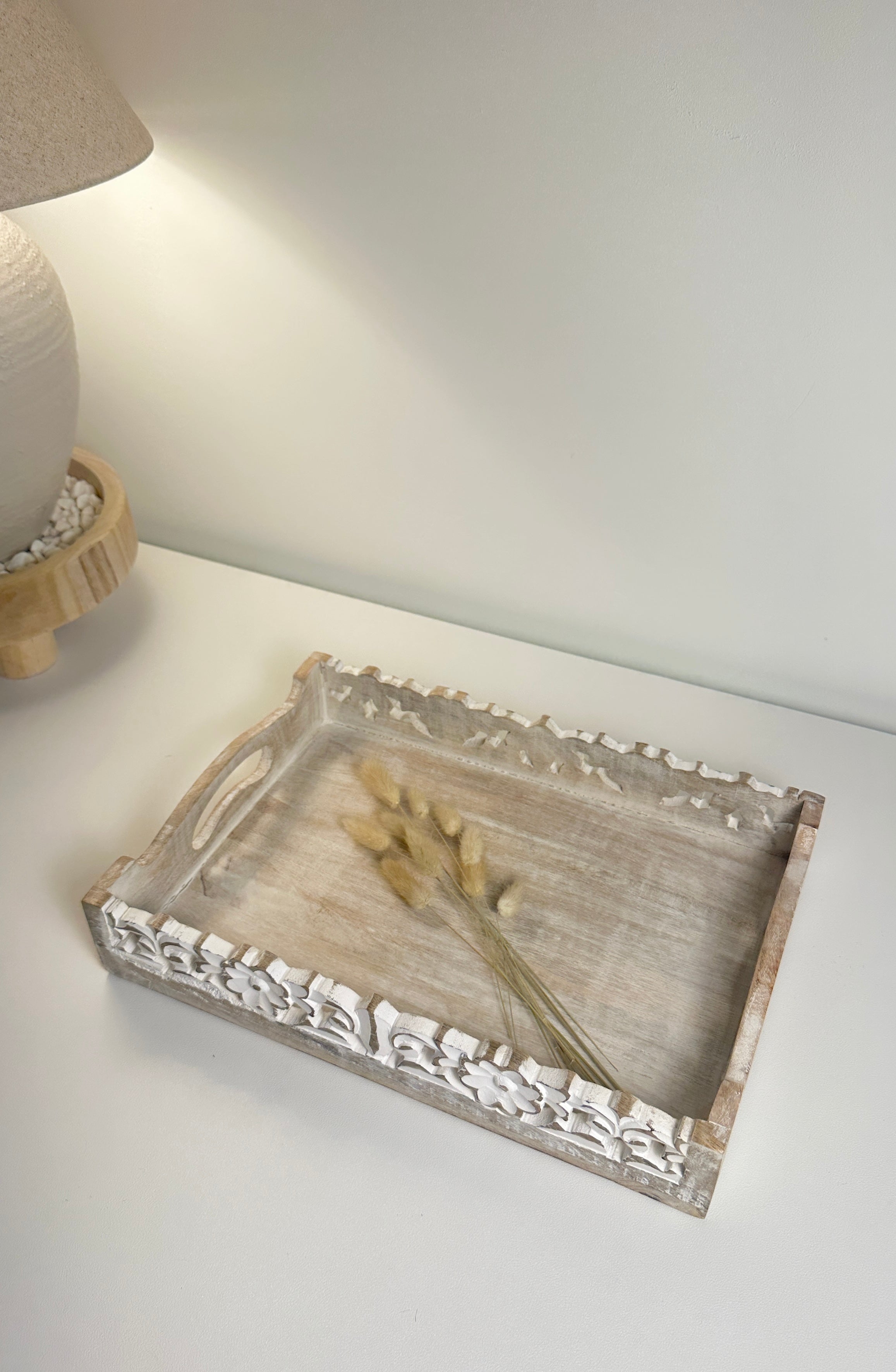 Boho Handmade Decorative Serving Wooden Tray Whitewashed