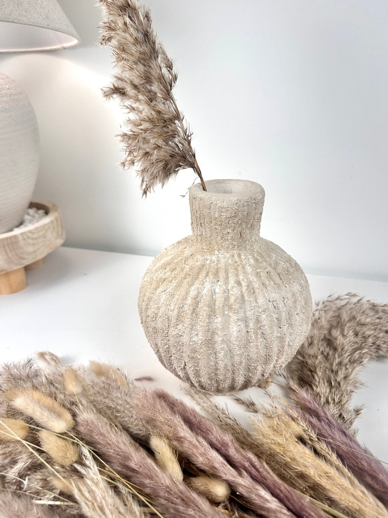 Rustic Minimalist Textured Hand-painted Ceramic Vase 8" tall - Beige Sand Washed