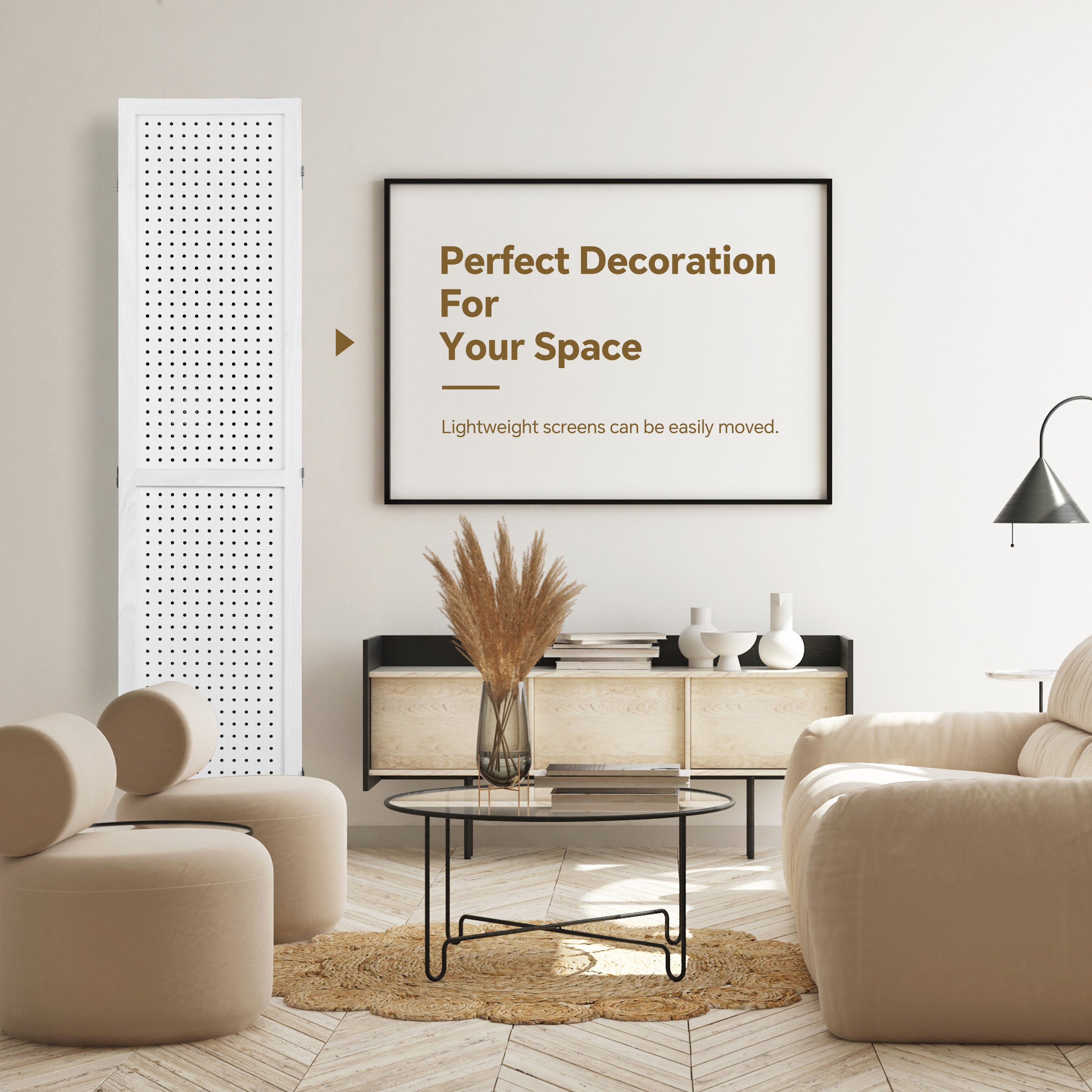 6 Panel Room Divider, 5.6Ft Pegboard Display Wooden Room Divider Folding Privacy Screen Room Divider - Elegant White