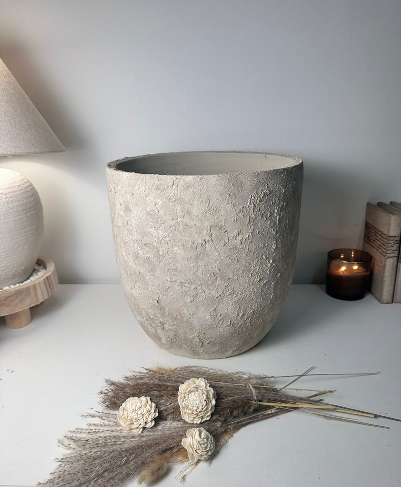 13.5" tall Minimalist Hand-Painted & Textured Planter Pot with drainage hole - French Beige