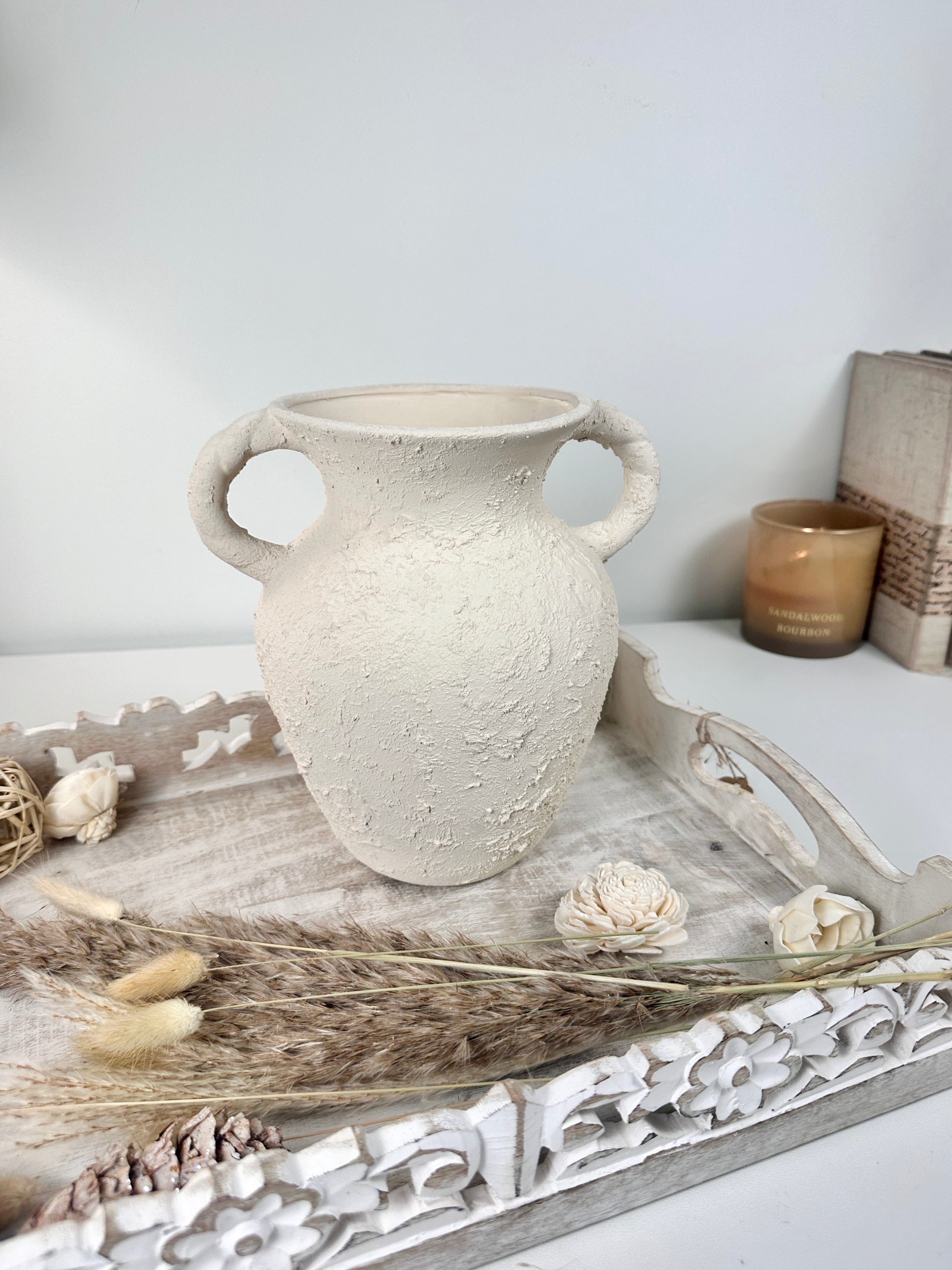 Minimalist Hand-Painted/Textured Ceramic Vase with 2 handles - 9" tall - Cream