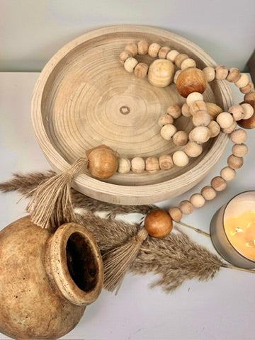 Set of 3 Decorative Accent Boho Mediterranean Style, Organic and Rustic Centerpiece Setting (Vase, Paulownia Tray and Natural Wood Bead Garland)