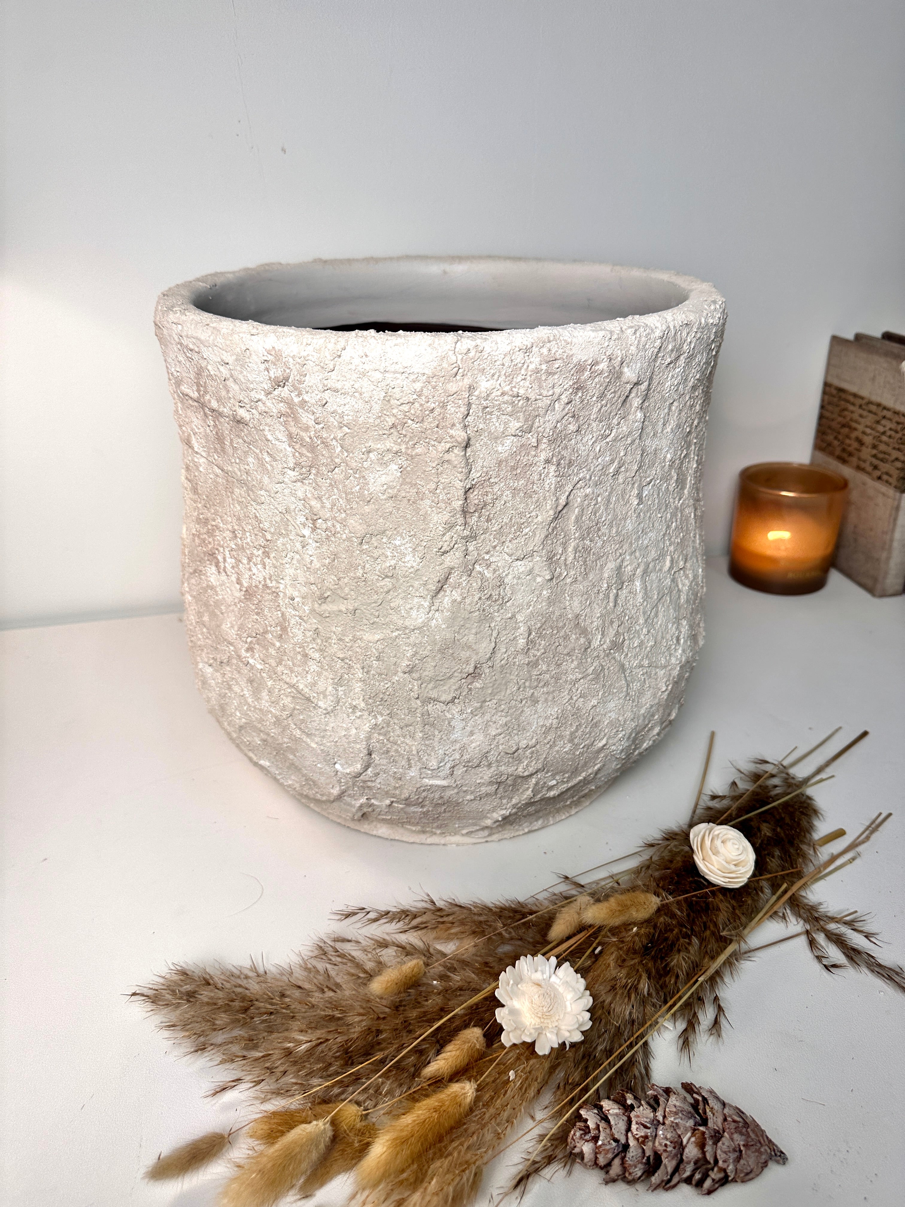 Minimalist Hand-Painted & Textured Planter Pot 12" tall with drainage hole one time creation - Cream Linen wash