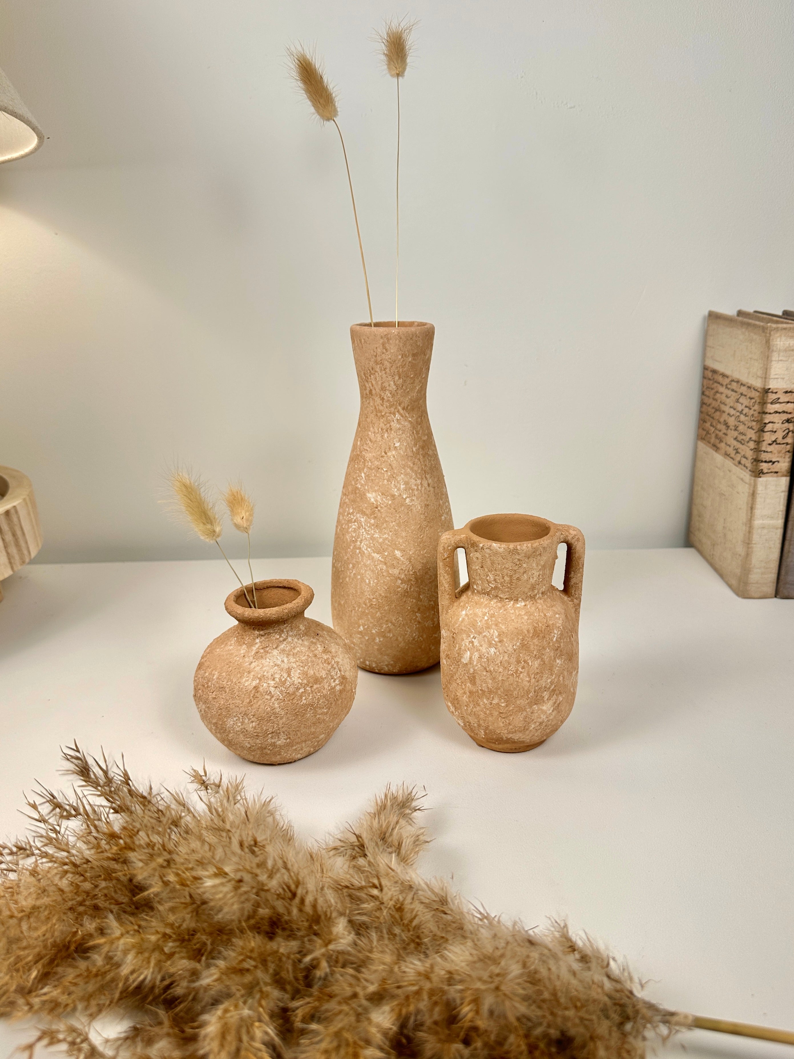 Set of 3 vases ceramic handmade and textured  terracotta color