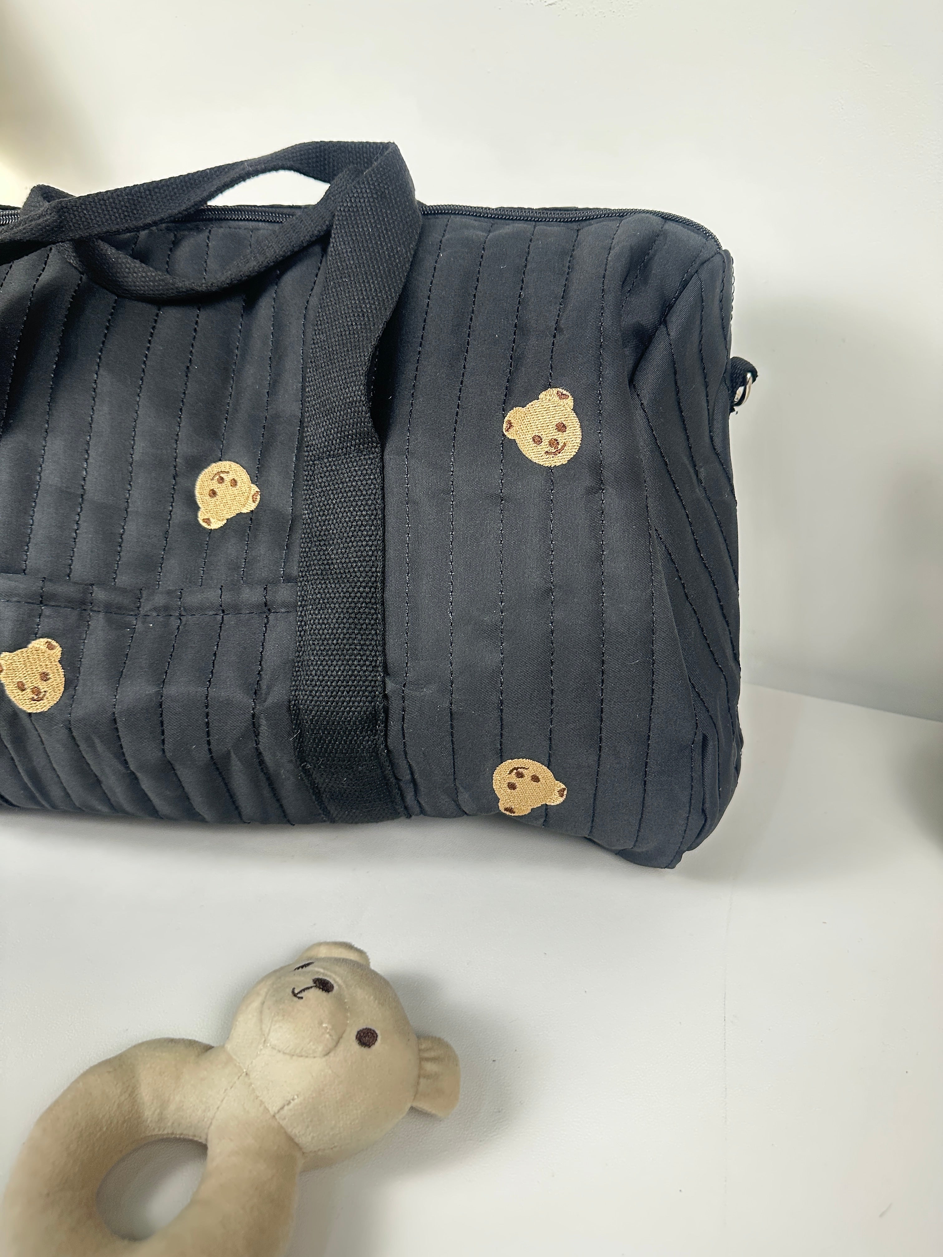 Cozy Quilted Baby Diaper Bag with Bear Pattern, Large Capacity Travel Tote 18“Lx6”Wx12“H
