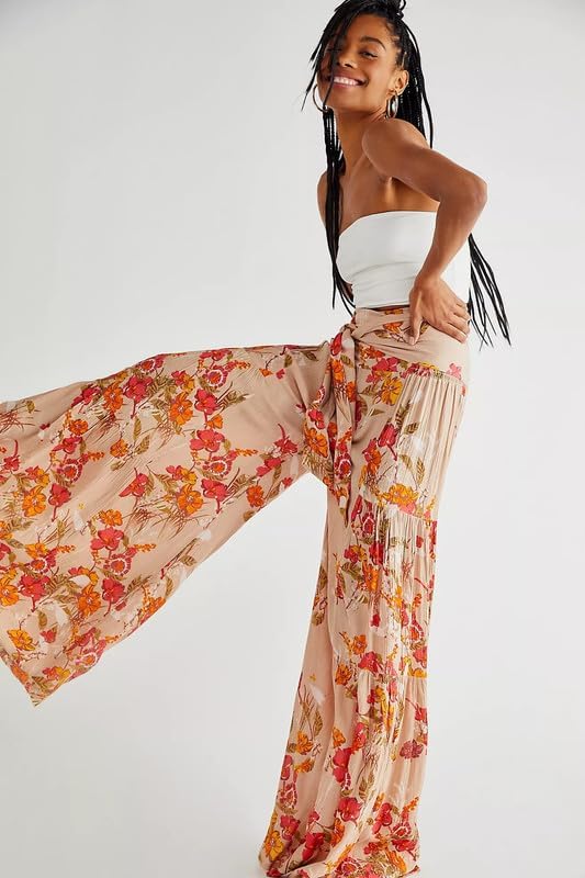 Floral Print Wide Leg Palazzo Pants, Summer Beach Lounge Trousers