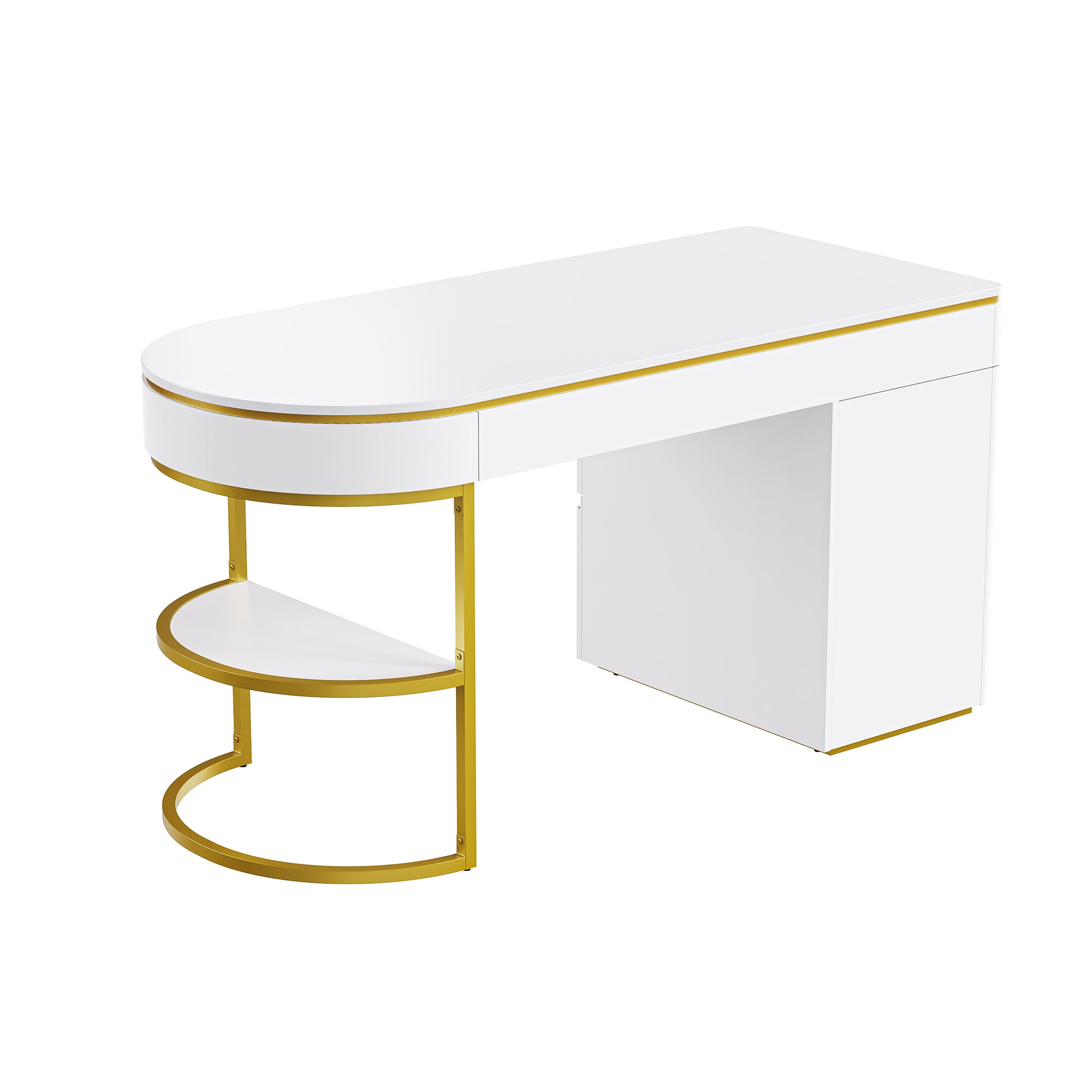 60''Modern Executive Desk,White Curved Computer Desk with Gold Metal Legs,3-Drawers Home Office Desk - Gold+White