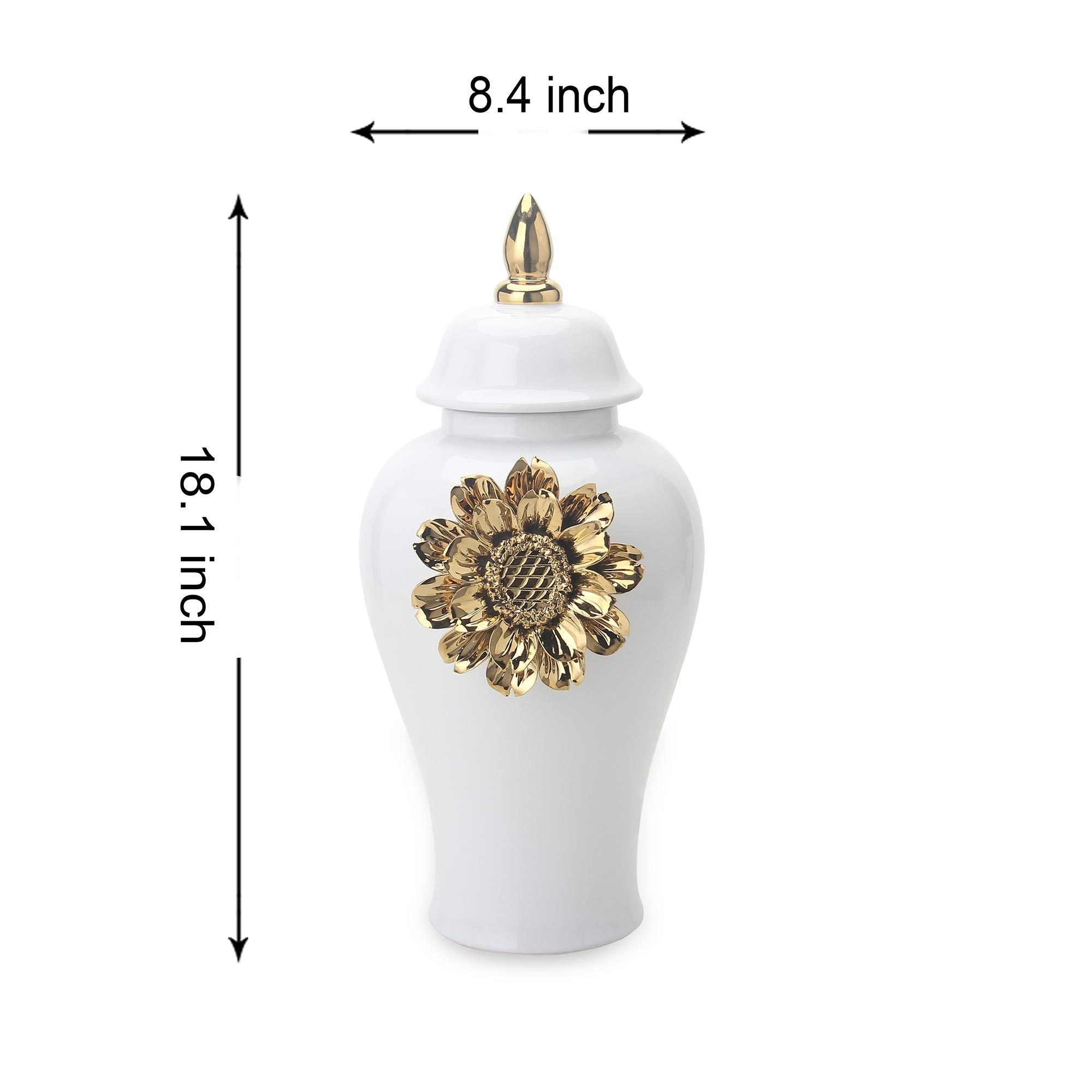 White Ginger Jar with Gilded Flower - Timeless Home Decor