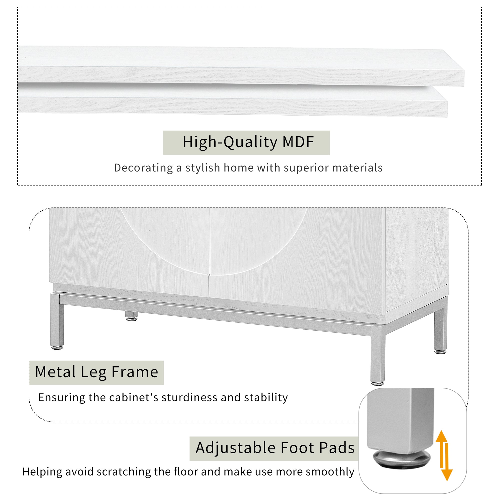 Accent Cabinet with Solid Wood Veneer and Metal Leg Frame for Living Room, Entryway, Dining Room - White