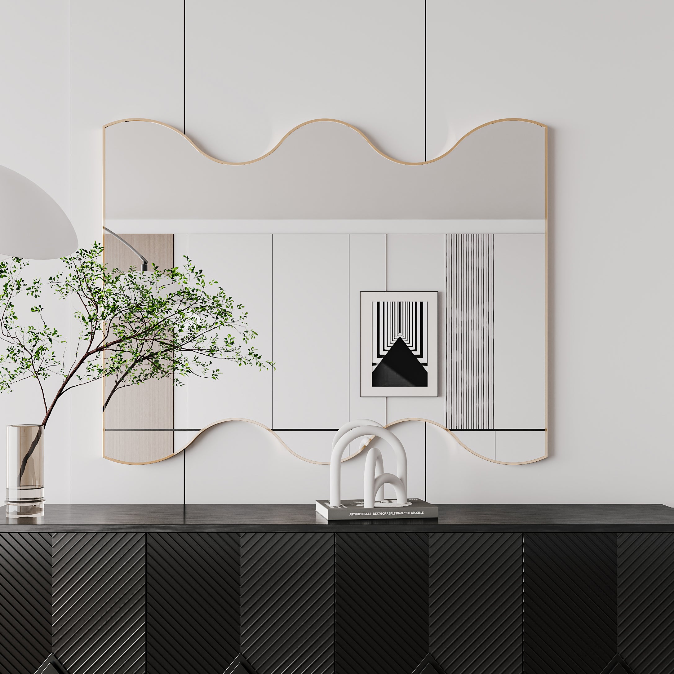 Wall Mirror 30x35 Inch Golden Rectangular Mirror with 2 Wavy Sides Metal Framed Mirror