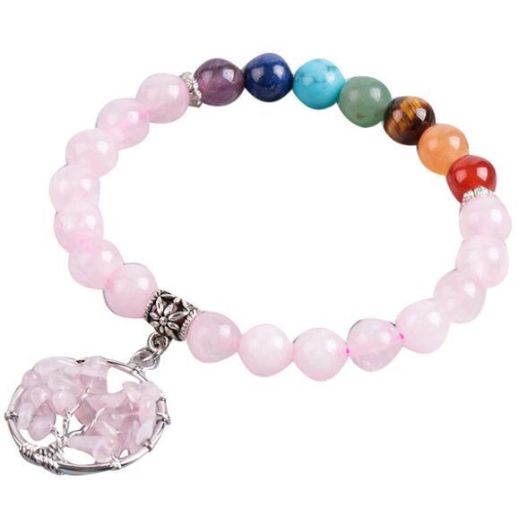 Chakra Pink Quartz Tree of Life - Beaded Bracelet