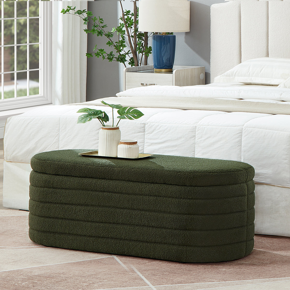 Modern Oval Storage Ottoman Bench, Upholstered Boucle Teddy Fabric End of Bed Bench with Storage, End of Bed Stool with Safety Hinge for Bedroom, Living Room, Entryway, Dark Green