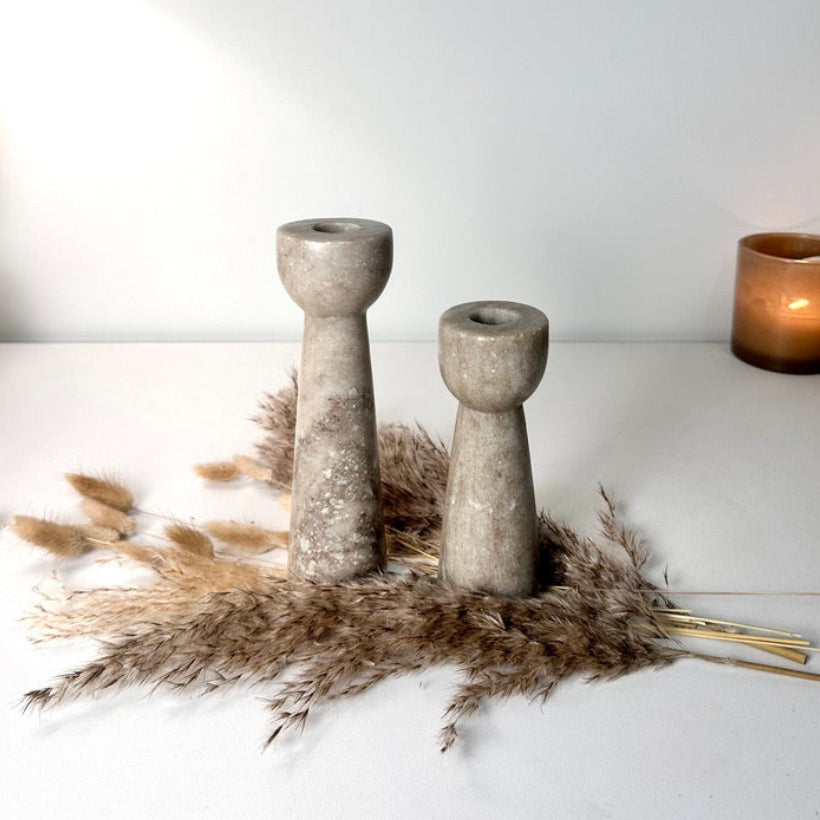 Set of 2 Marble Candle Holders (6x2x2" 8x2x2")  - Beige Brown