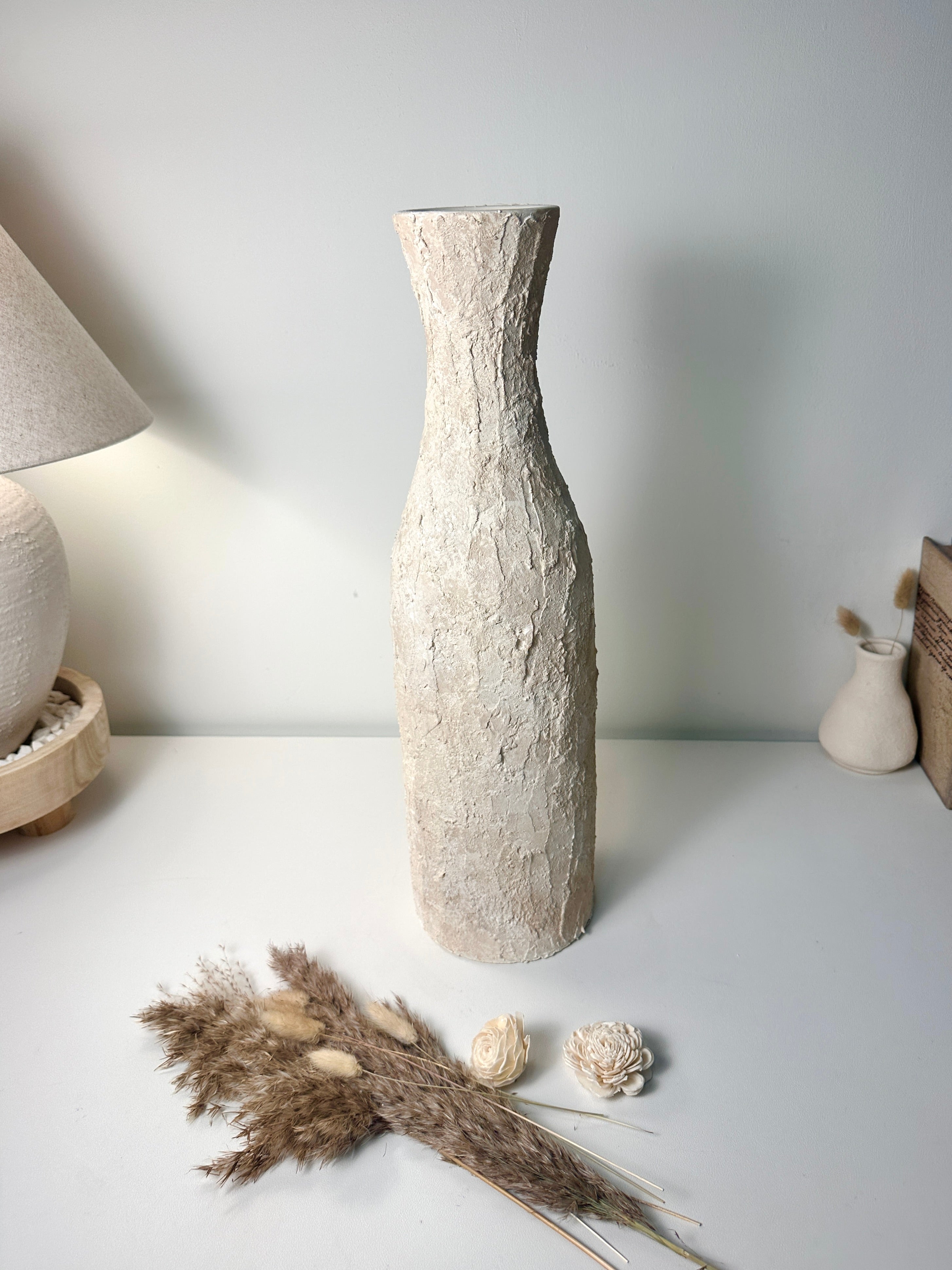 Minimalist Art Piece Floor Vase 19.5" tall - textured and hand-painted - off white
