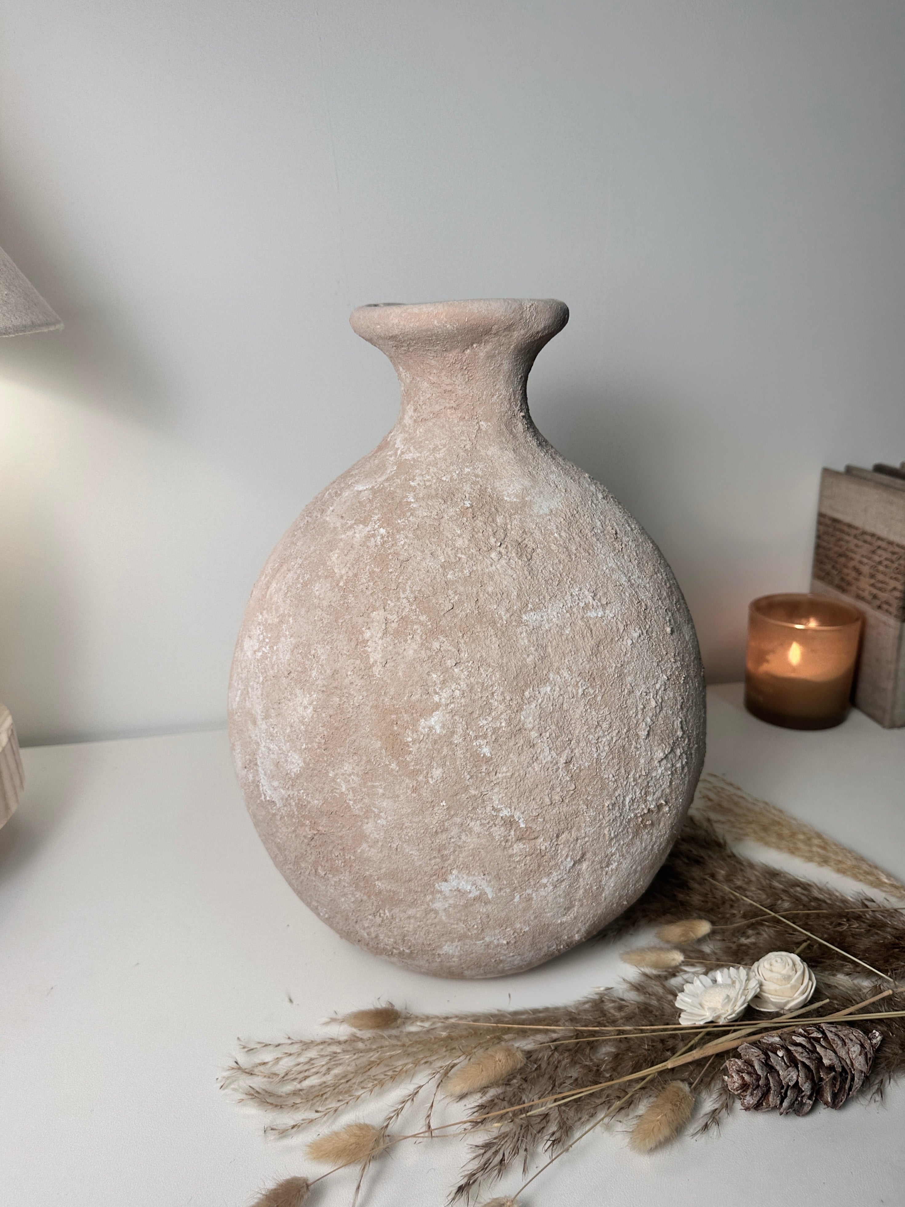 Minimalist Textured Hand-Painted Vase 15" tall - Light Beige Wash