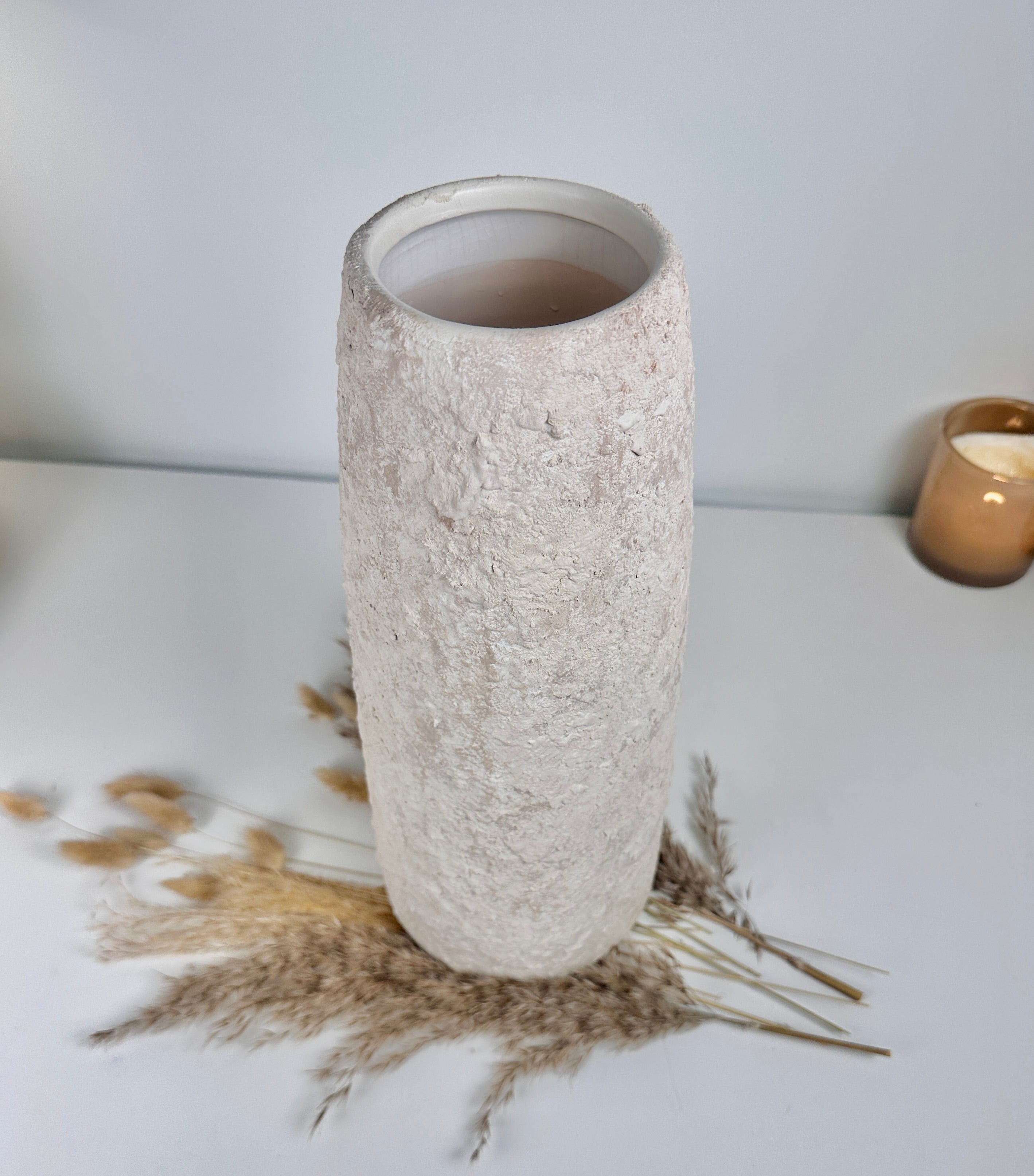 Minimalist Textured Hand-painted Ceramic Vase 15" tall - Cream Sand washed