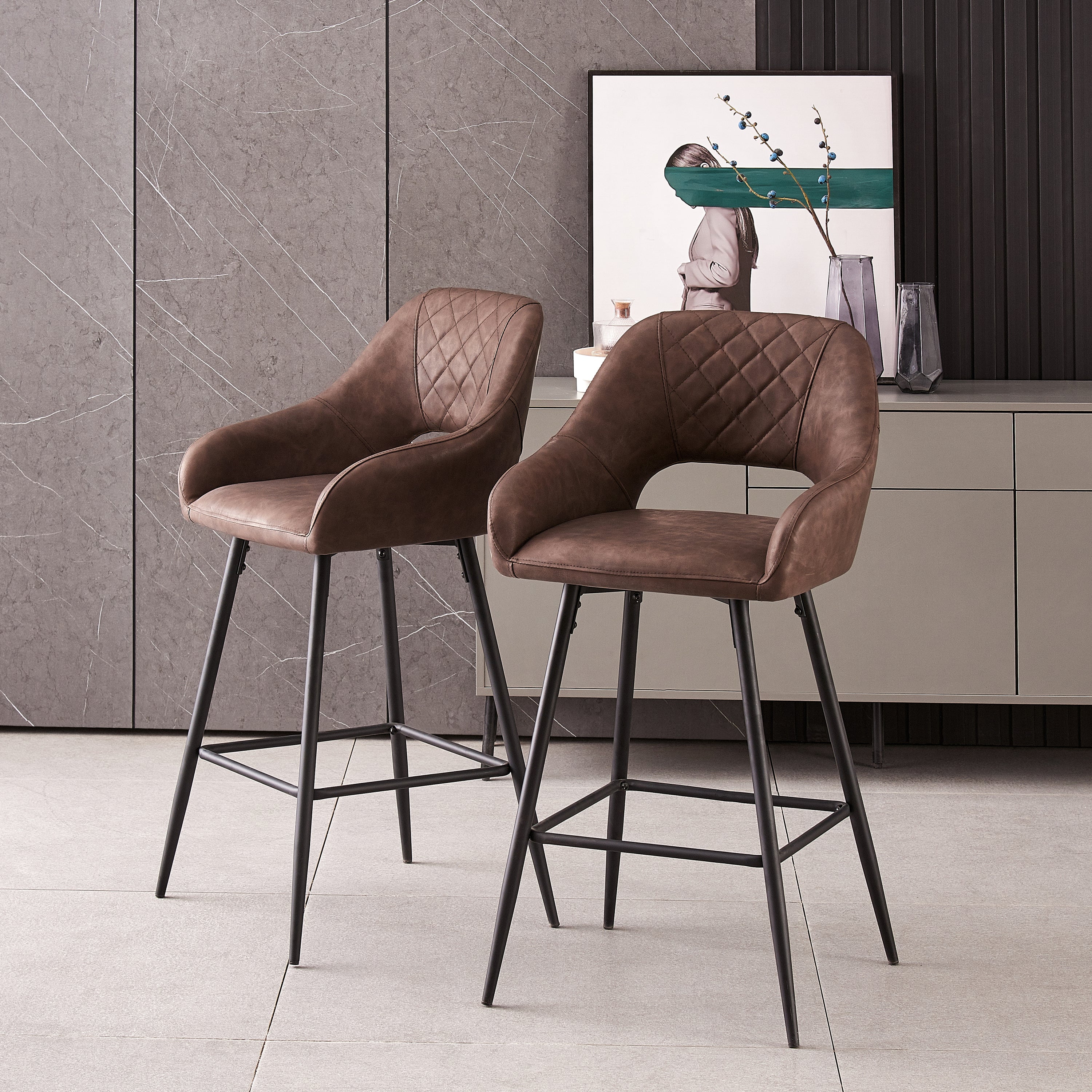 Bar Stools Set of 2 Leather Brown Breakfast Dining Bar Stools Fixed Height Bar Chairs with Metal Frame and Footrest