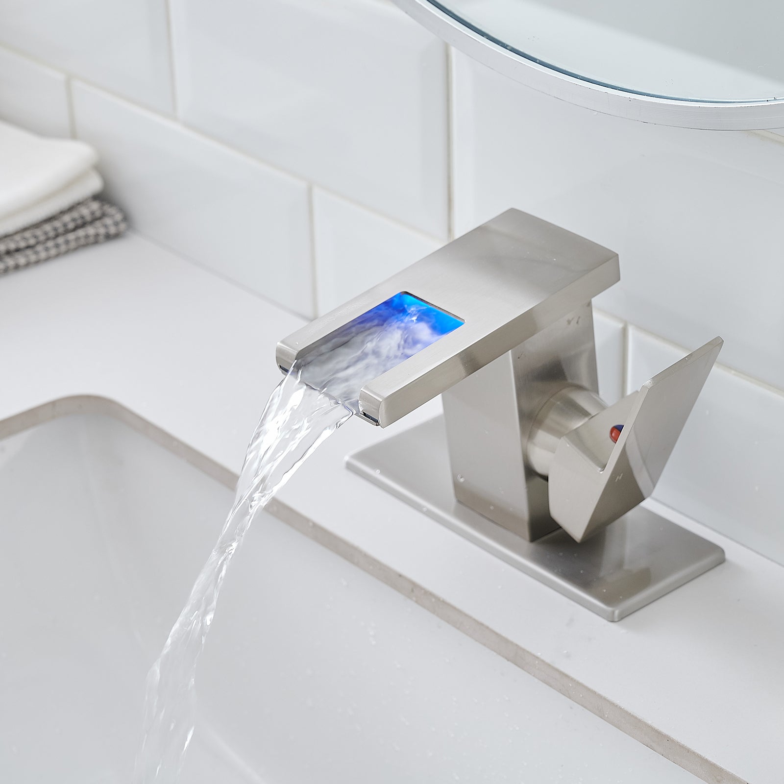 Bathroom Sink Faucet LED Light 3 Colors Changing Waterfall Glass  - Brushed Nickel