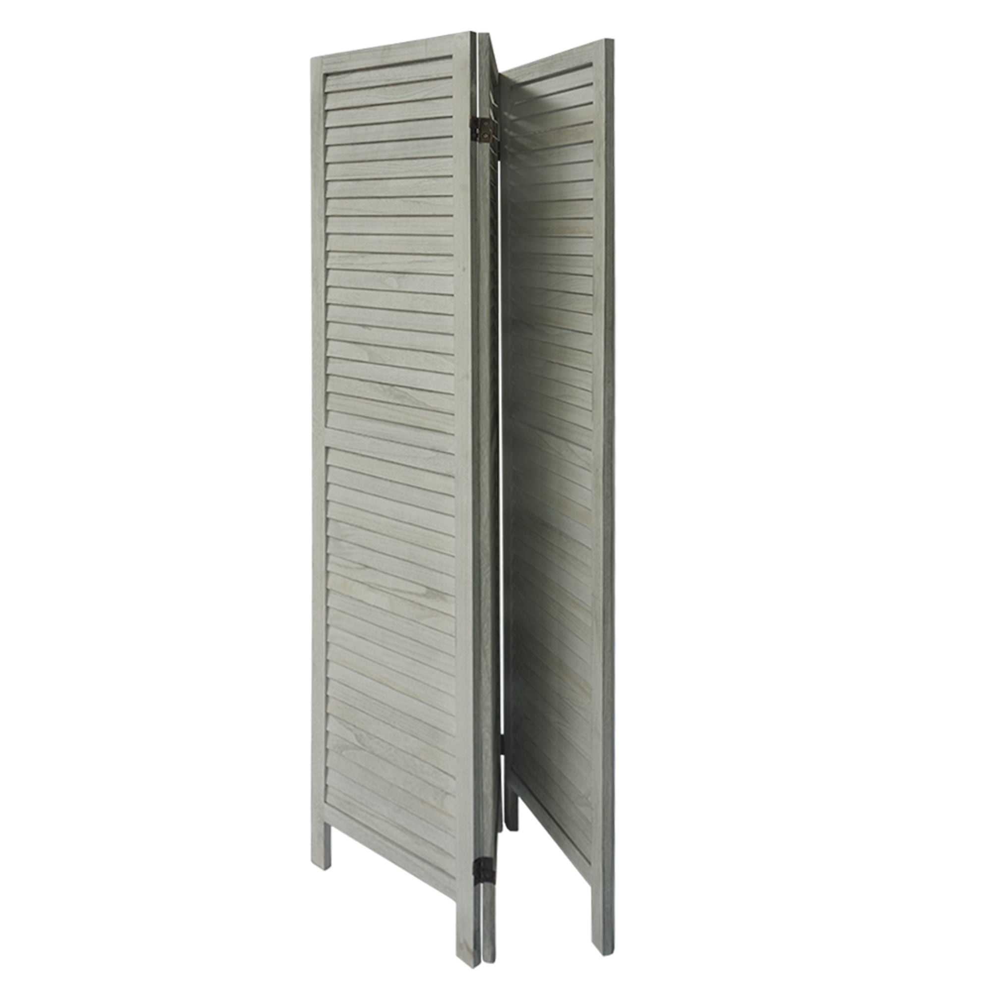 Paulownia Wood Panel Divider Screen, Shutter Design, 3 Panels - Distressed Gray