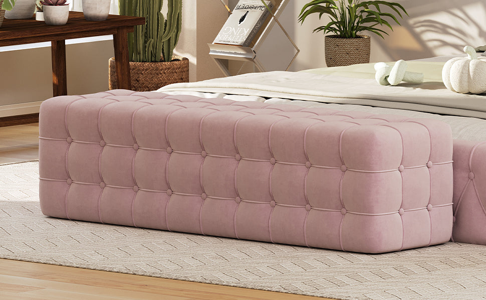 Velvet Upholstered Ottoman, Rectangular Footstool, No Assembly Required, Elegant and Luxurious Pink