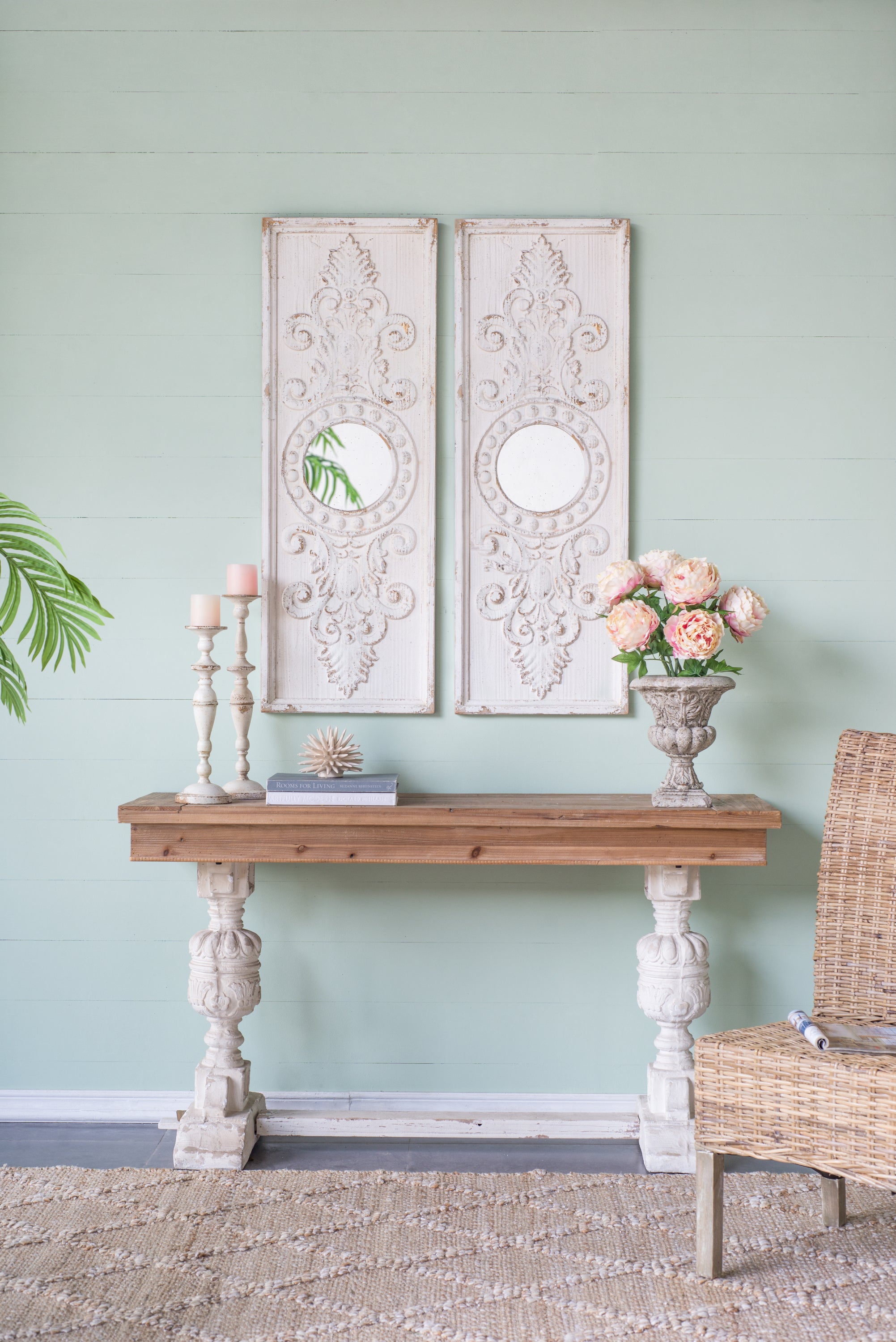 Set of 2 Large Wooden Wall Art Panels with Distressed White Finish and Round Mirror Accents, 17"x48"
