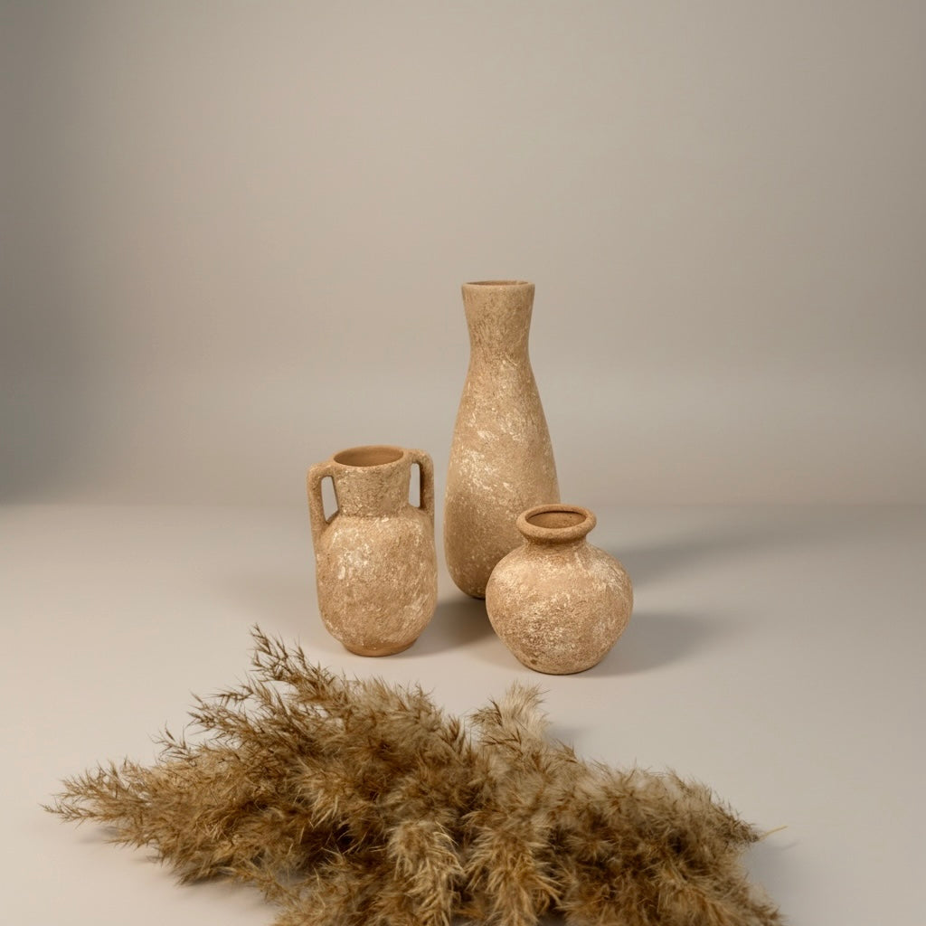 Set of 3 vases ceramic handmade and textured  terracotta color