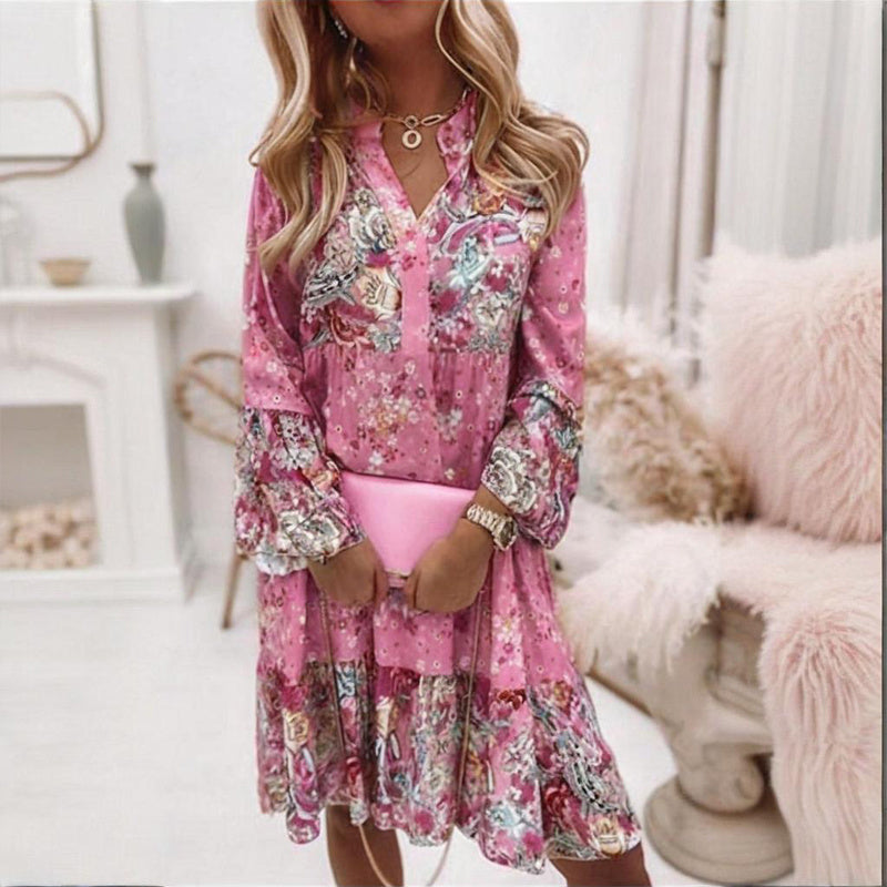 Women's Round Neck Button Front Floral Print Dress - Spring Summer Patchwork Midi Dress