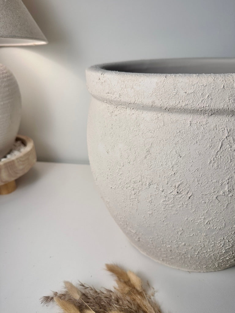 Minimalist Hand-Painted & Textured Planter Pot 12" tall with drainage hole one time creation - Cream