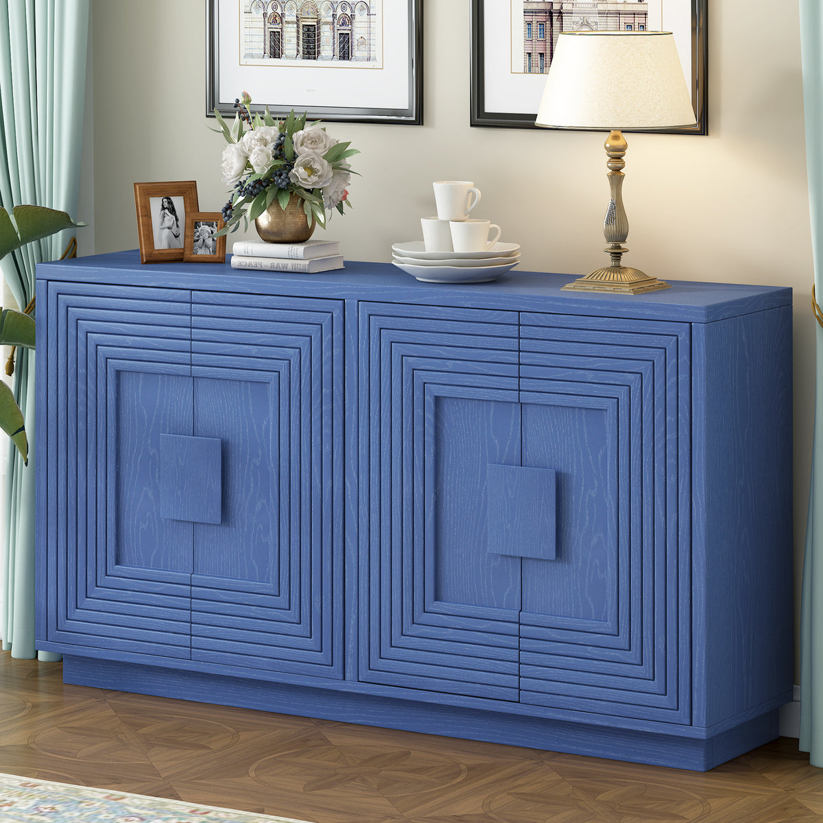 Buffet Cabinet with Storage, 4-Door Vintage Fluted Sideboard Cabinet with Adjustable Shelves for Dining Room, Kitchen, and Living Room (Navy Blue)